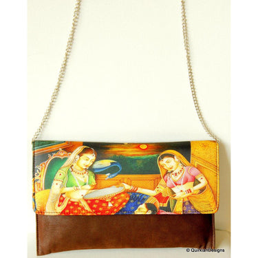 Brown Clutch Purse, Indian Art Work, Wedding & Party Clutch, Faux Leather and Fabric Purse